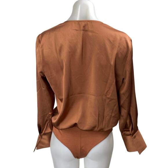 Ann Taylor Brown Silk Satin Long Sleeve V Neck Faux Wrap Blouse Bodysuit Top S - Picture 2 of 4